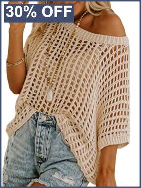 Women's Crochet Hollow Out Knit Pullover Sweater Short Sleeve Beach Coverup